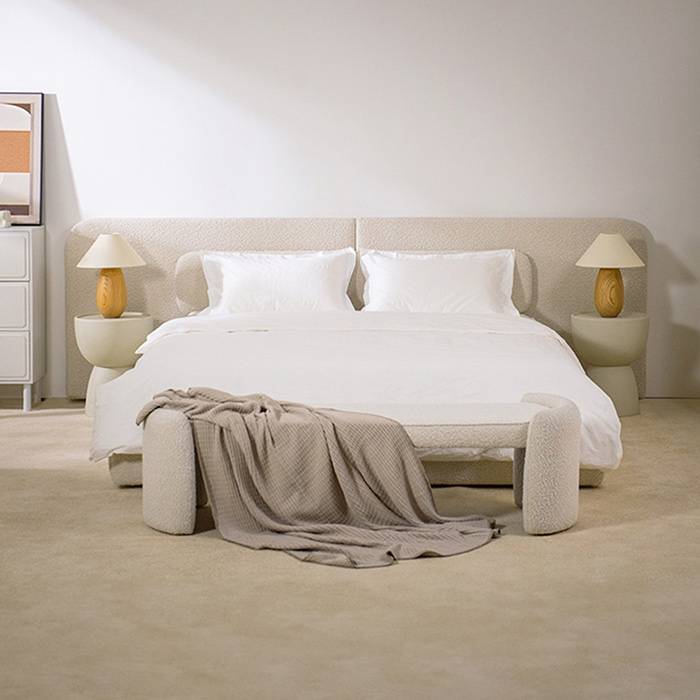 Modern lyxig king size-säng träram med teddy fleece sänggavel 