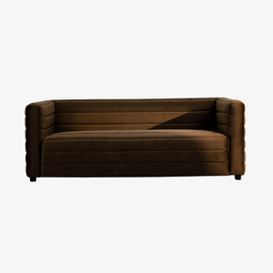 Vintage tresitsig kanaliserad brun sammetsklädd soffa 